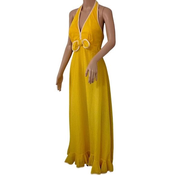 Vtg Maxi Dress Sz XS/S Hostess Halter Yellow White Polka Dot Sheer Overlay 70s - Picture 9 of 16